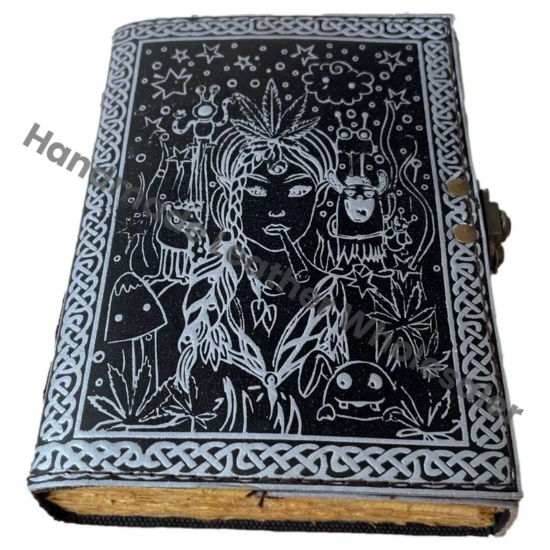Women Face Leather Hardcover Journal Antique Embossed Lock Black Silver Handmade Paper Spiral Bound Custom Logo Gift Notebook