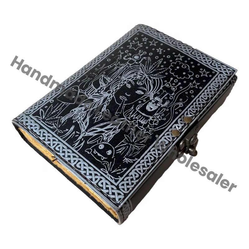 Women Face Leather Hardcover Journal Antique Embossed Lock Black Silver Handmade Paper Spiral Bound Custom Logo Gift Notebook