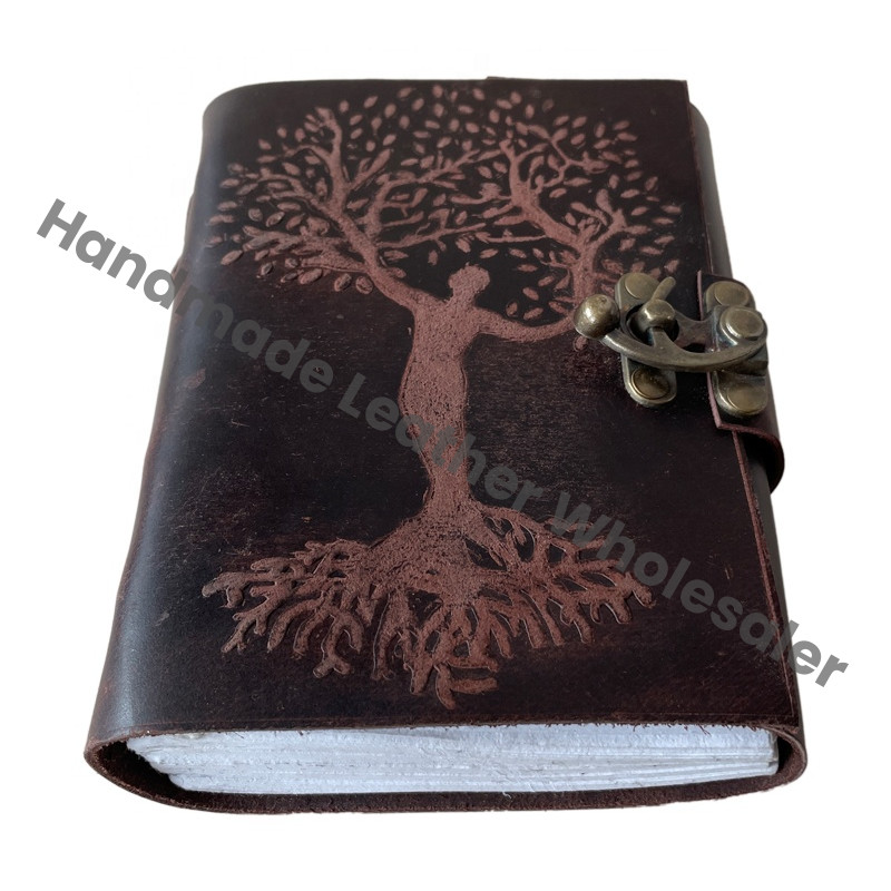Women's Leather Journal Cotton Paper Tree Life Embossed Cover Thermal Bound Custom Logo Recyclable Handmade