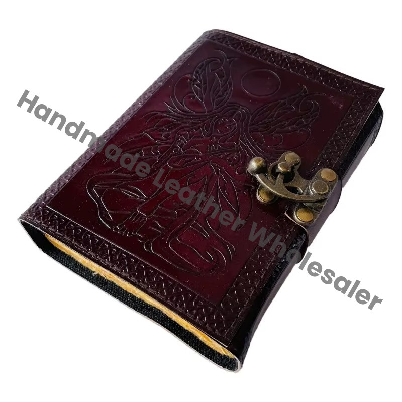 Women's Vintage Leather Book Spiral Binding Handmade Embossed Deckle Edge Celtic Wiccan Journal Gift Brown Address Book