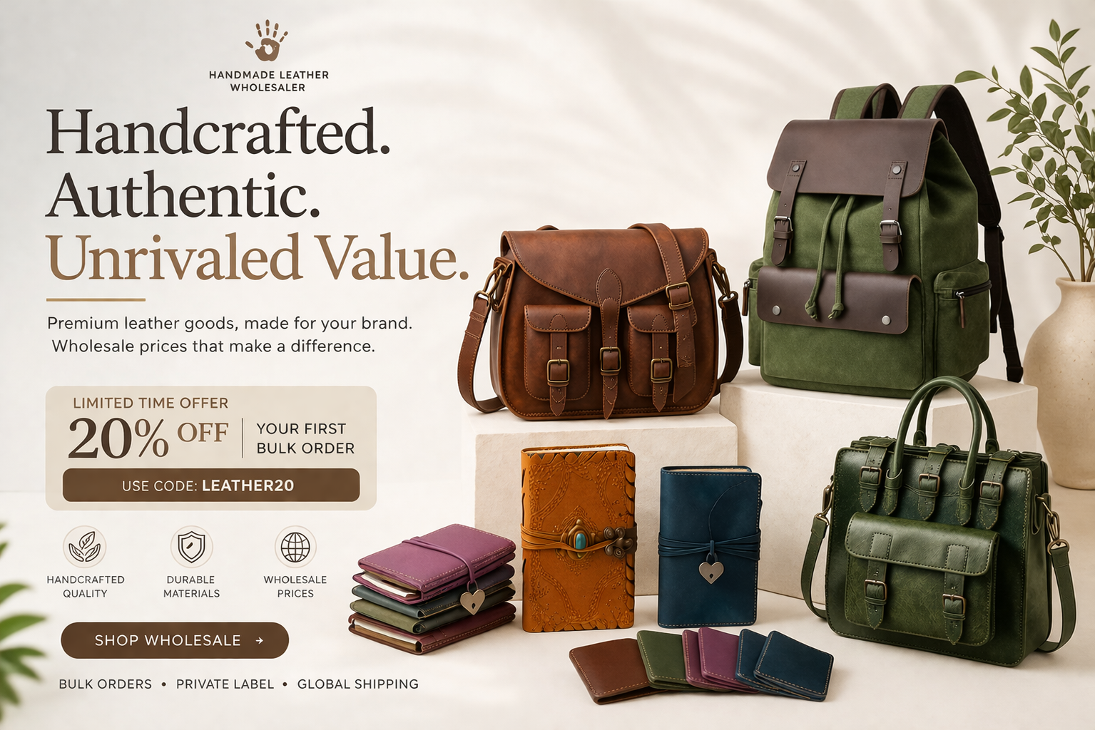 Leather journals stacked for wholesale bulk orders