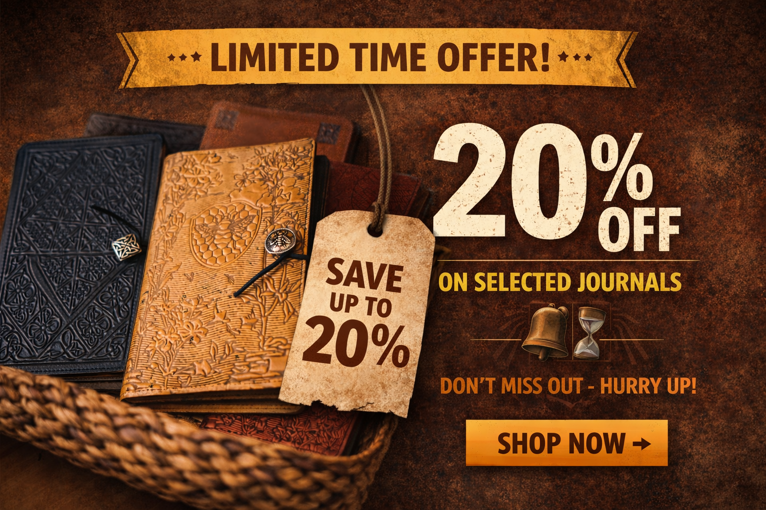 Embossed leather journals displayed on a table